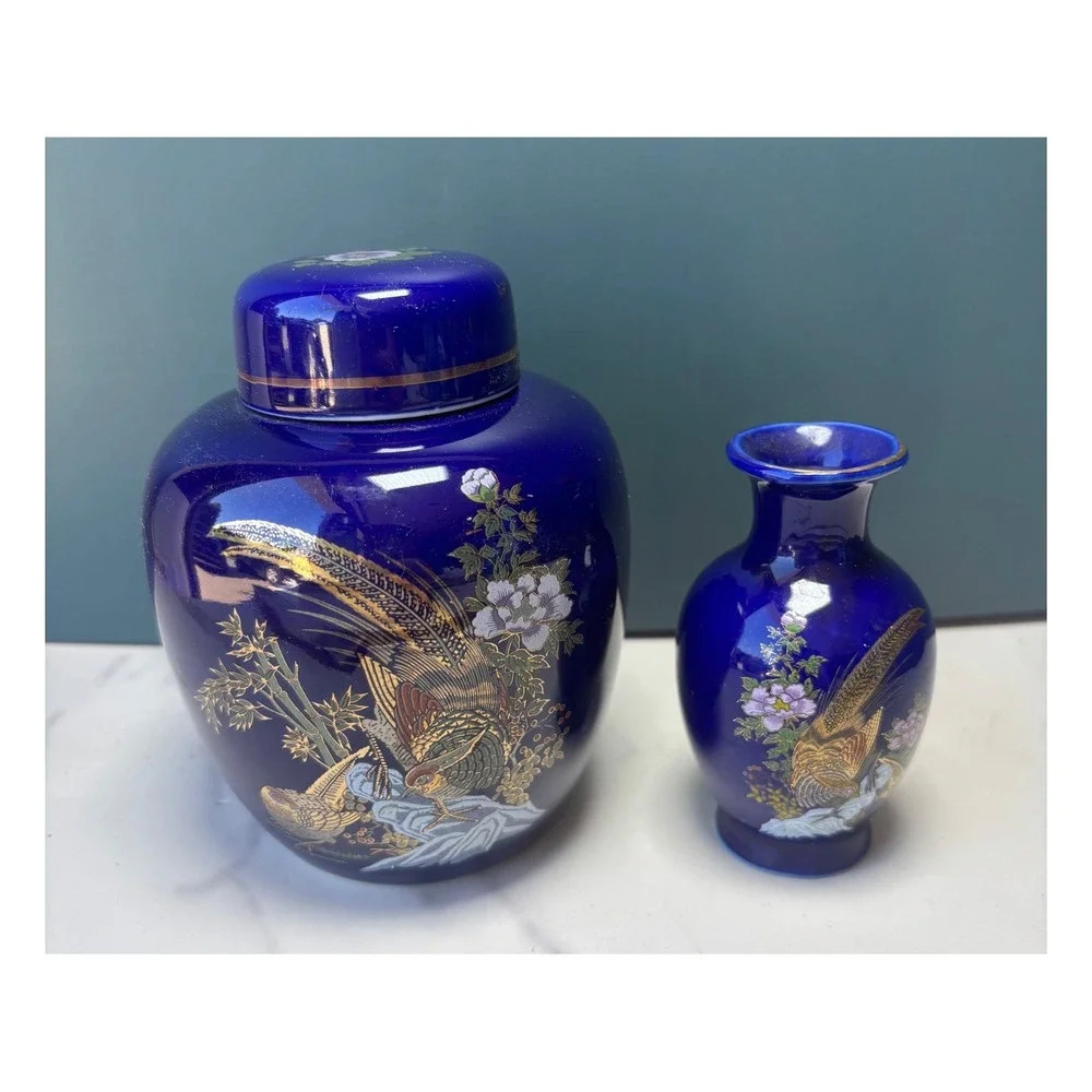 Vintage Cobalt Blue Peacock Ginger Jar and Bud Vase Set Gold Accents Chinoiserie